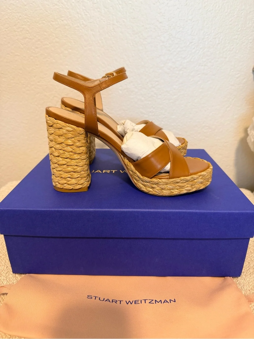 Stuart Weitzman Dayna Platform Sandal in Macchiato/Natural with braided raffia